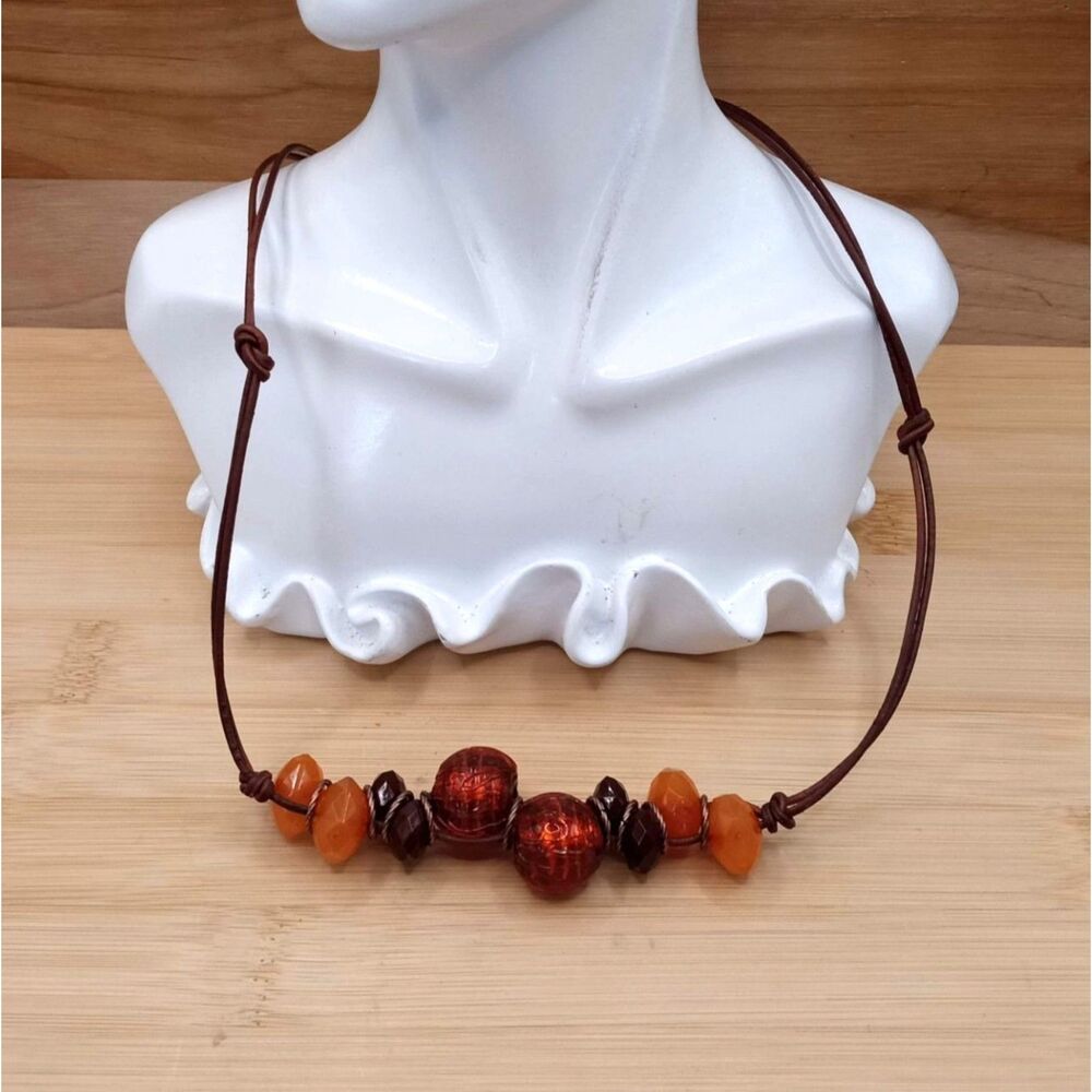 Autumn Colors Textured Glass Beads and Lucite Beads on Cordage Boho Necklace